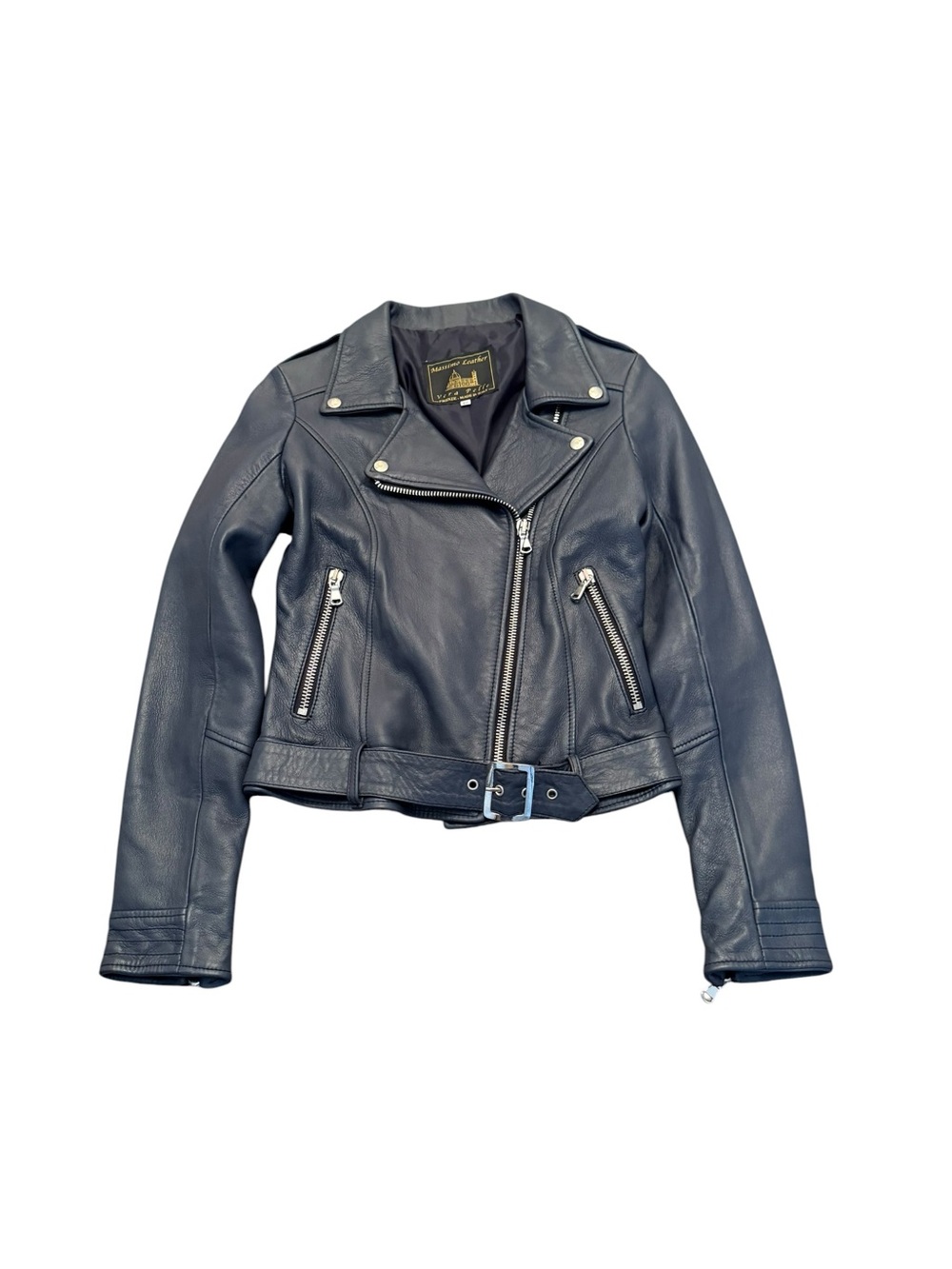 Massimo Dark Navy Leather Moto Jacket with Silver Hardware